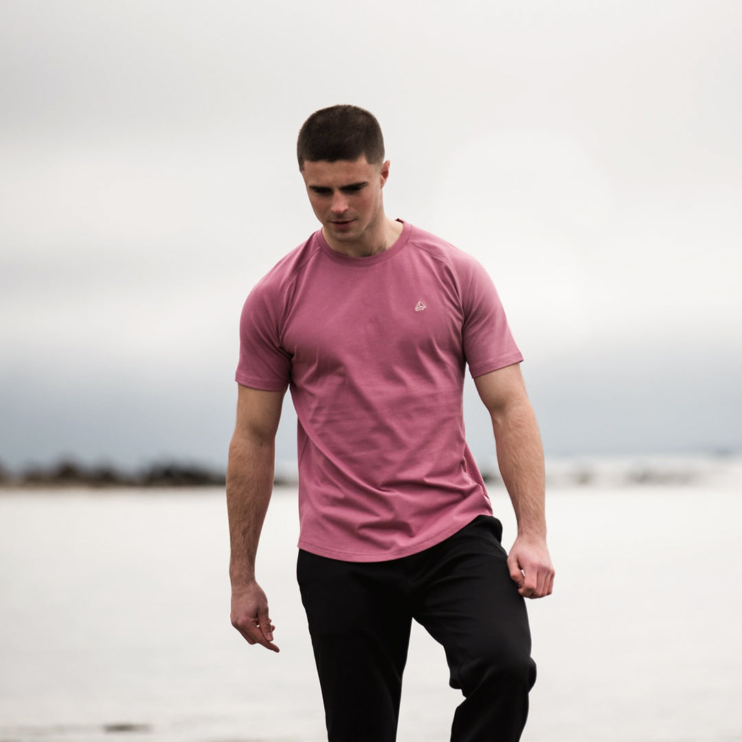 lekanvy mens pink long sleeve tee model beach